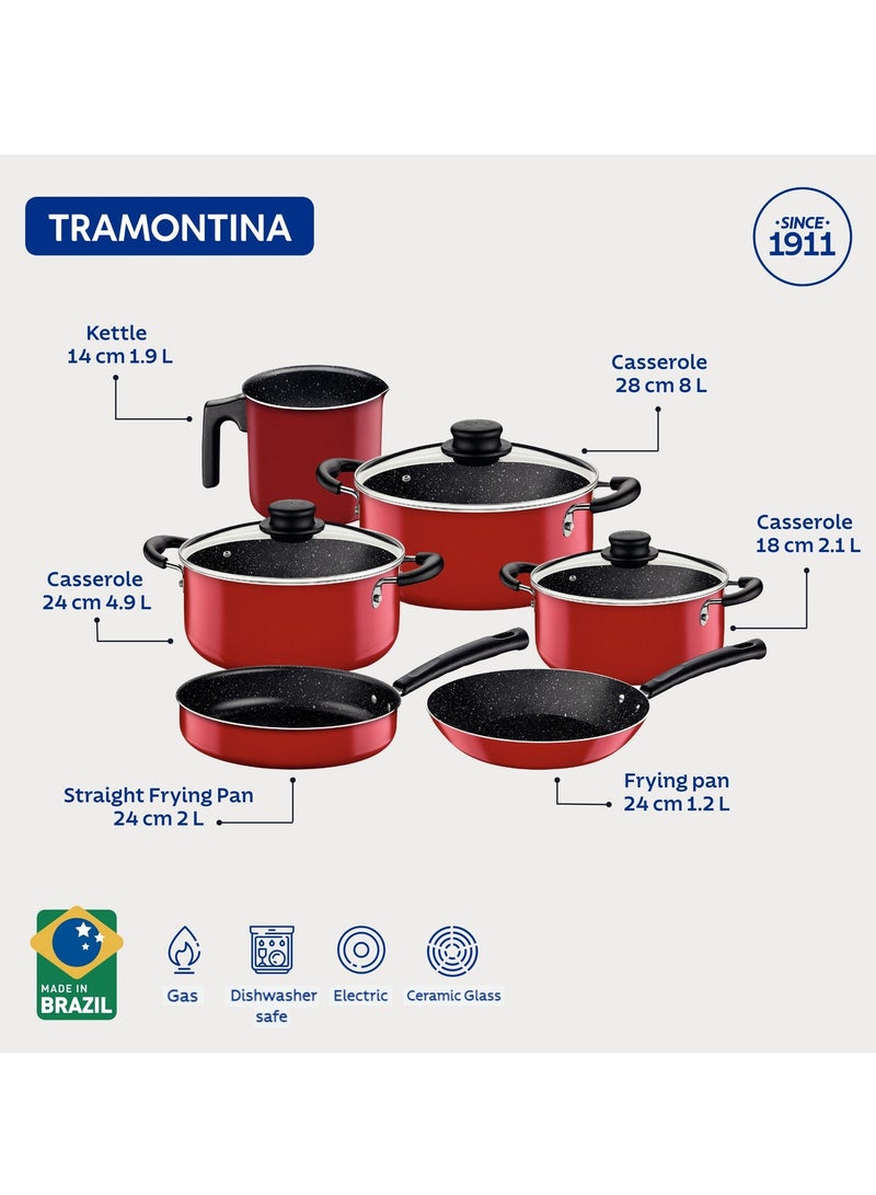TRAMONTINA Since 1911,Made in Brazil- 9 Pieces Red Aluminum Cookware Set with Interior and Exterior Starflon Max Nonstick Coating - Image 5