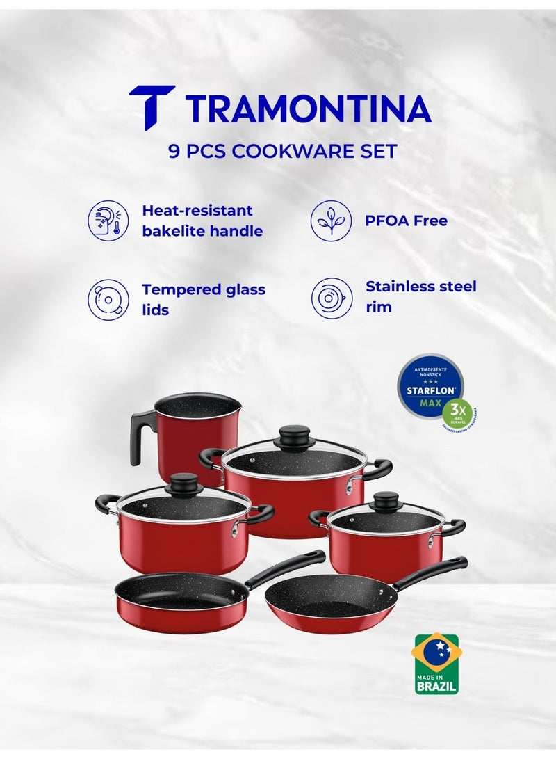 TRAMONTINA Since 1911,Made in Brazil- 9 Pieces Red Aluminum Cookware Set with Interior and Exterior Starflon Max Nonstick Coating - Image 1