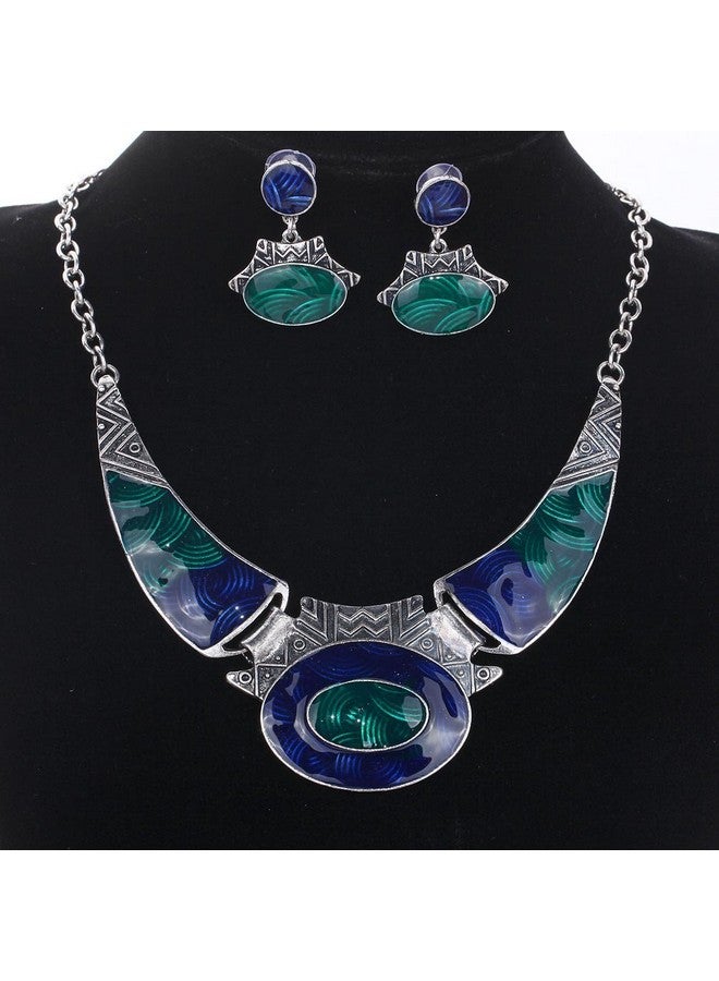 YAZILIND Ethnic Dark Blue Green Embossed Bib Collar Earrings Necklace Jewelry Set Women - Image 2