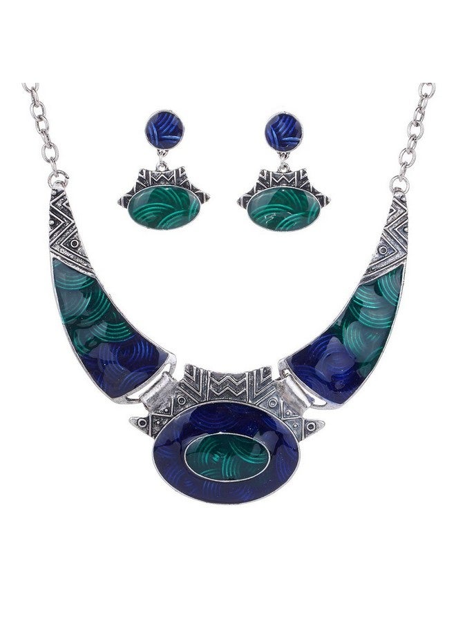 YAZILIND Ethnic Dark Blue Green Embossed Bib Collar Earrings Necklace Jewelry Set Women - Image 1
