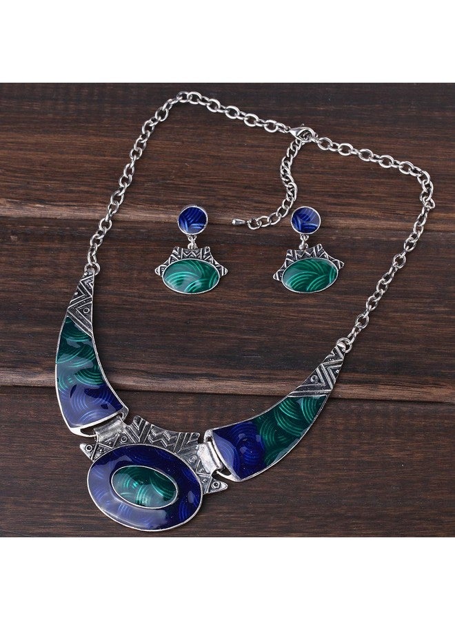 YAZILIND Ethnic Dark Blue Green Embossed Bib Collar Earrings Necklace Jewelry Set Women - Image 3