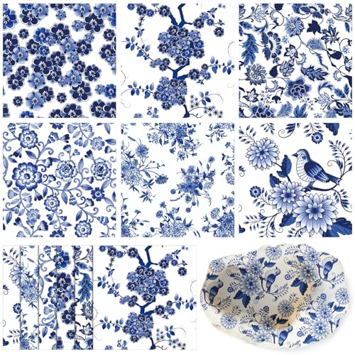 Epakh 36 Pack 6 Styles Blue and White Decoupage Napkins Assorted Floral Chinoiserie Cocktail Napkin Decorative Printed Toile Tissue Paper for Crafting Summer Seashell DIY Coastal Decor, Unfolded 13'' - Image 1