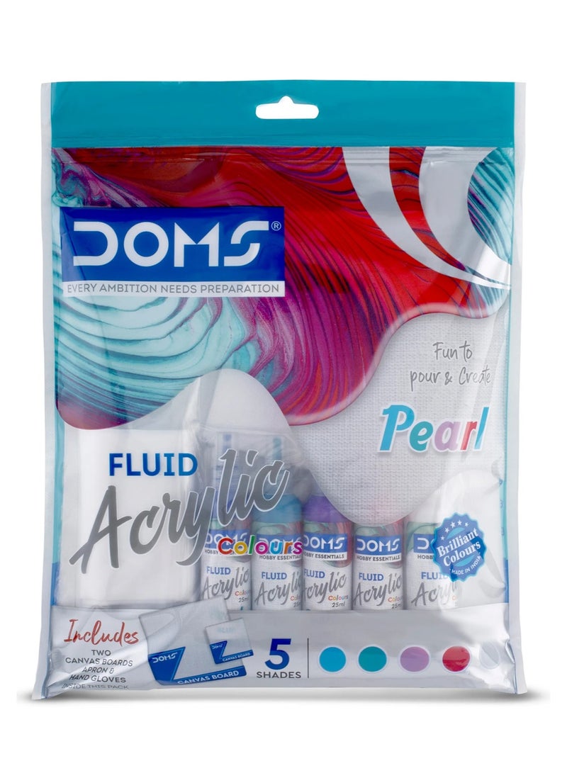 DOMS 5-Shade Fluid Acrylic Colours With Two Canvases, Apron And Handgloves Pearl Colour Set - Image 1