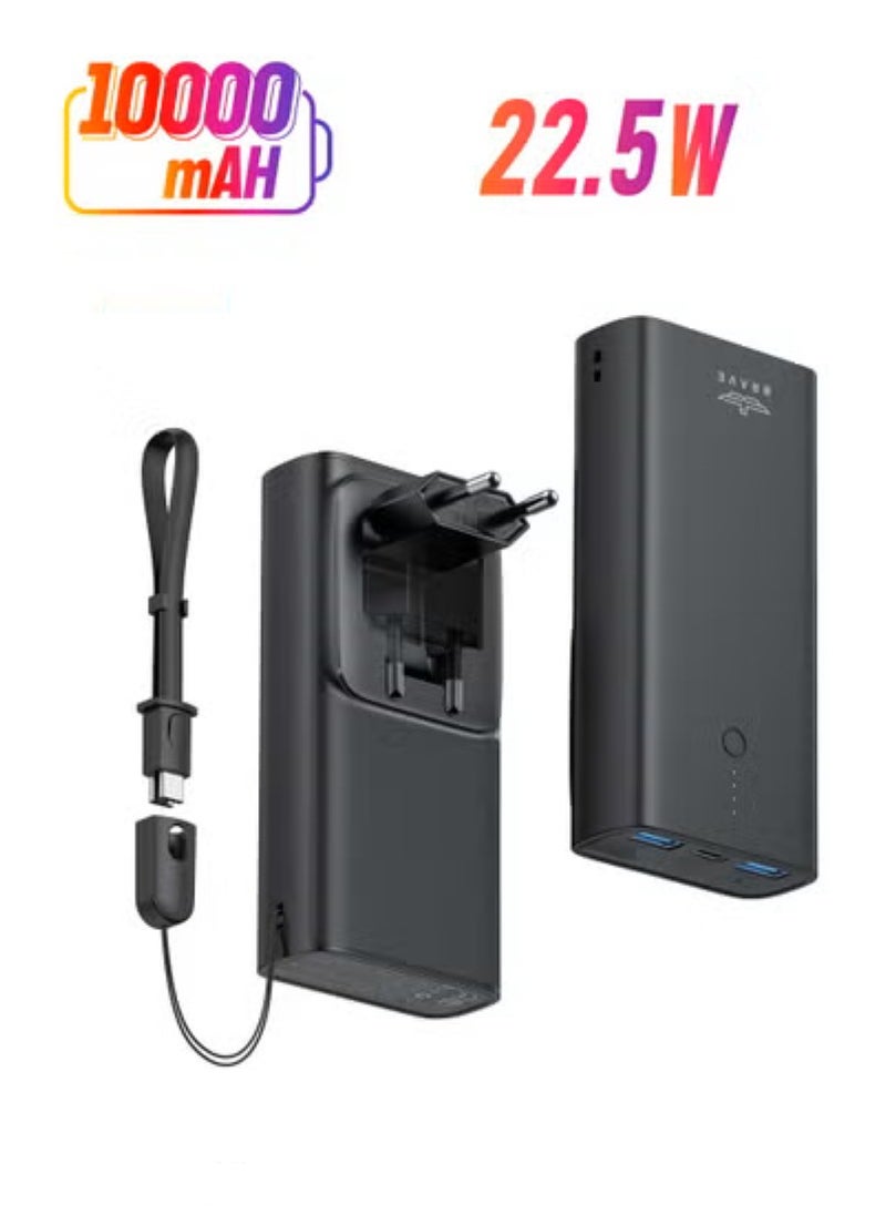 BRAVE Portable Charge 2-In-1 Power Bank 10000mAh (EU Plug) 22.5W USB-C PD Input/Output QC 3.0 Port for All Mobile Phone (Black)