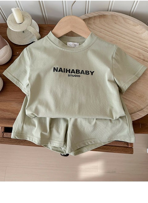 Kids Shorts Set Short Sleeve Letter Pattern T-shirt And Shorts With Two Pockets Summer Casual Set Light Green