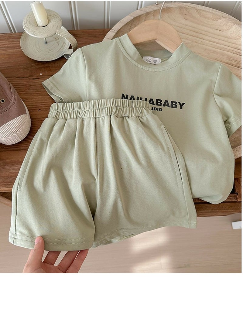 Loquat - Kids Shorts Set Short Sleeve Letter Pattern T-shirt And Shorts With Two Pockets Summer Casual Set Light Green - Image 1
