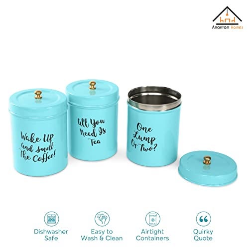 anantam homes Colourful Tea Sugar Coffee Container Set Of 3|For Kitchen Counter Top Airtight Stainless Steel Food Storage Canister With Lids For Sugar Cereal Coffee Tea (Wake Up-Aqua), Blue - Image 3