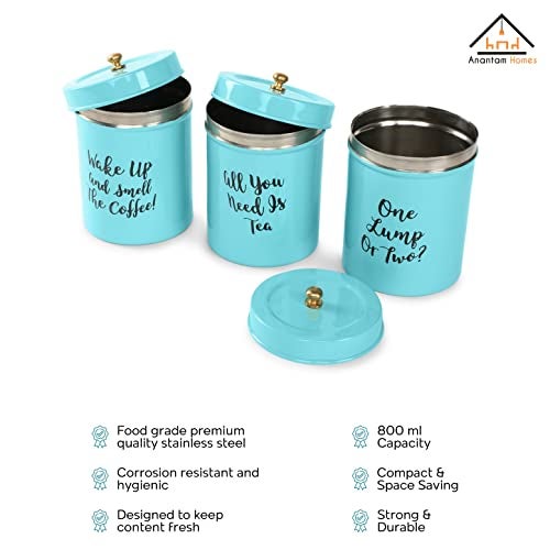anantam homes Colourful Tea Sugar Coffee Container Set Of 3|For Kitchen Counter Top Airtight Stainless Steel Food Storage Canister With Lids For Sugar Cereal Coffee Tea (Wake Up-Aqua), Blue - Image 5