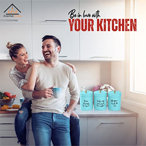 anantam homes Colourful Tea Sugar Coffee Container Set Of 3|For Kitchen Counter Top Airtight Stainless Steel Food Storage Canister With Lids For Sugar Cereal Coffee Tea (Wake Up-Aqua), Blue - Image 4