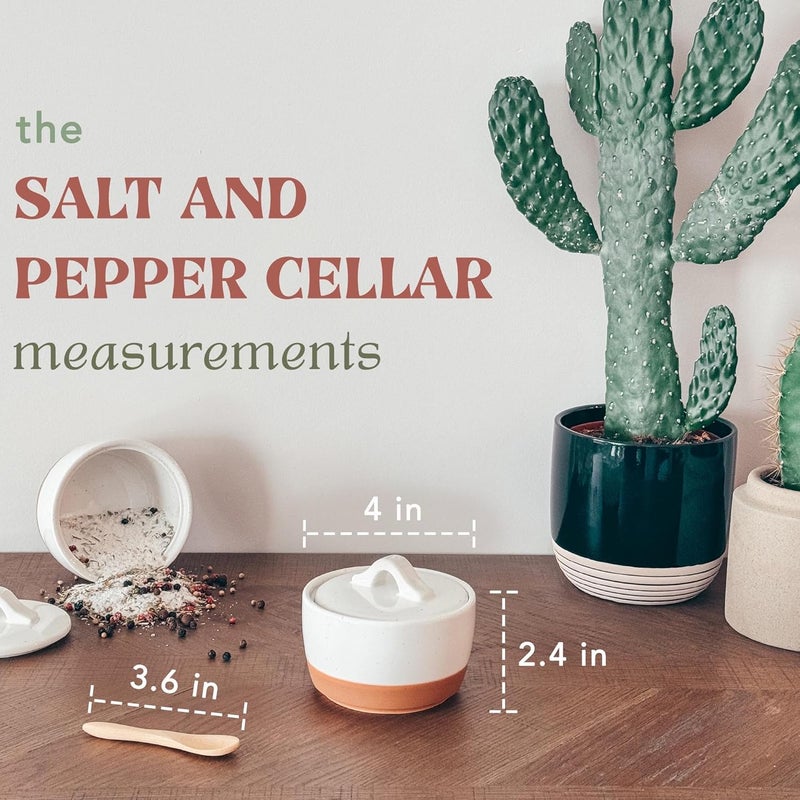 Mora Ceramic Salt and Pepper Cellar Set with Lid - 10 oz Modern Canister/Container/Bowl for Storage, Sea Salt, Spice, Sugar, Countertop - Small Dish/Jar with Wood Spoon, White Crock - Image 2