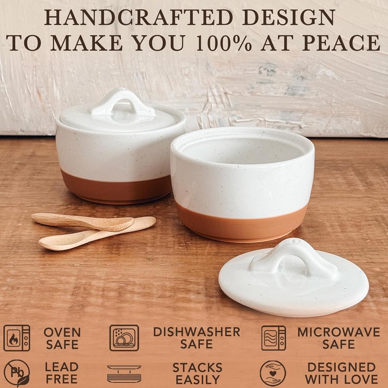 Mora Ceramic Salt and Pepper Cellar Set with Lid - 10 oz Modern Canister/Container/Bowl for Storage, Sea Salt, Spice, Sugar, Countertop - Small Dish/Jar with Wood Spoon, White Crock - Image 4