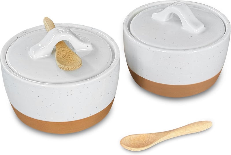 Mora Ceramic Salt and Pepper Cellar Set with Lid - 10 oz Modern Canister/Container/Bowl for Storage, Sea Salt, Spice, Sugar, Countertop - Small Dish/Jar with Wood Spoon, White Crock - Image 1