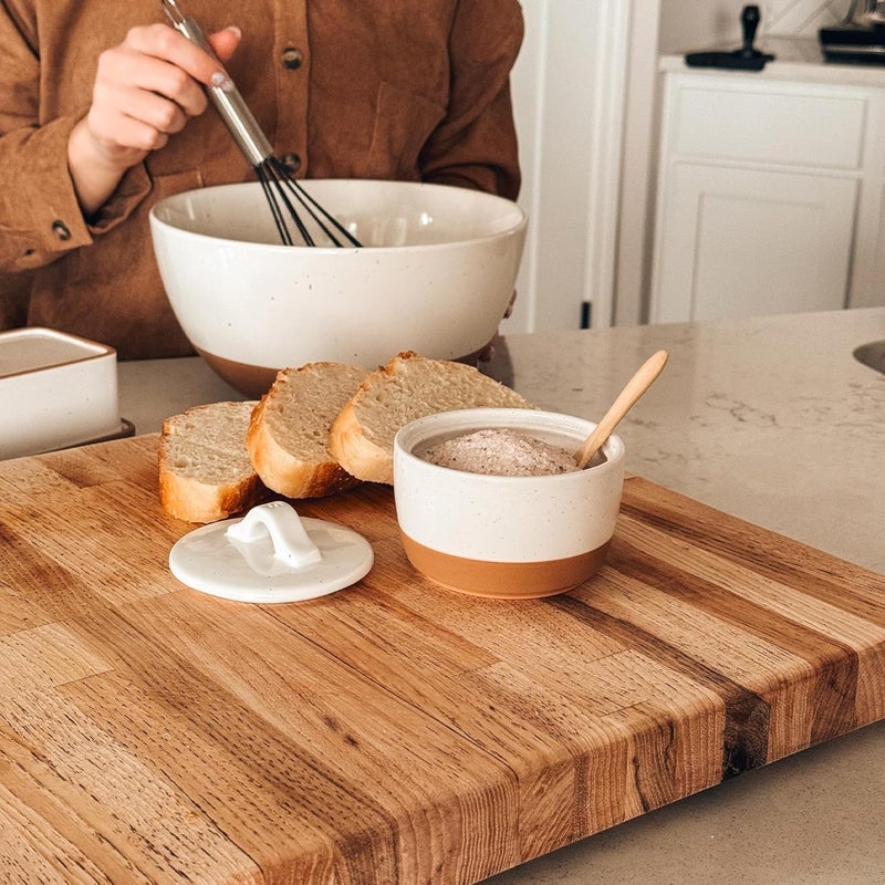 Mora Ceramic Salt and Pepper Cellar Set with Lid - 10 oz Modern Canister/Container/Bowl for Storage, Sea Salt, Spice, Sugar, Countertop - Small Dish/Jar with Wood Spoon, White Crock - Image 5