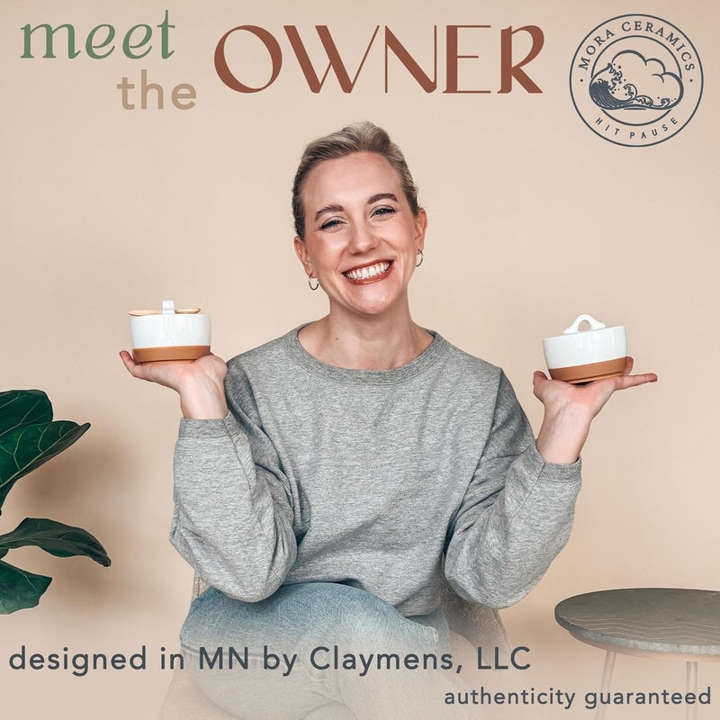 Mora Ceramic Salt and Pepper Cellar Set with Lid - 10 oz Modern Canister/Container/Bowl for Storage, Sea Salt, Spice, Sugar, Countertop - Small Dish/Jar with Wood Spoon, White Crock - Image 3