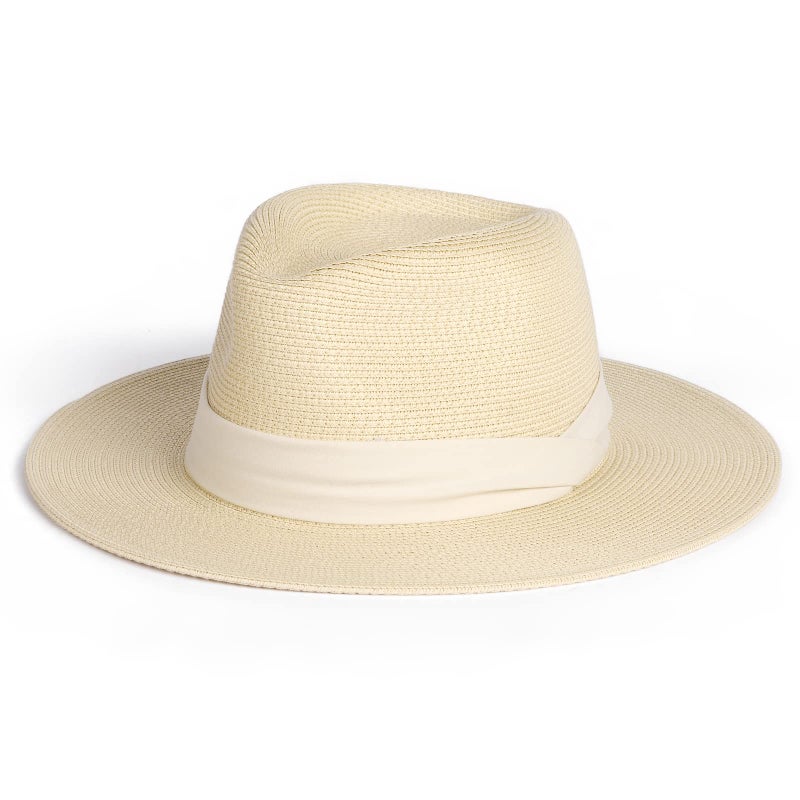 FURTALK Womens Mens Wide Brim Straw Panama Hat Fedora Summer Beach Sun Hats UPF Straw Hat for Women Beige-White - Image 1