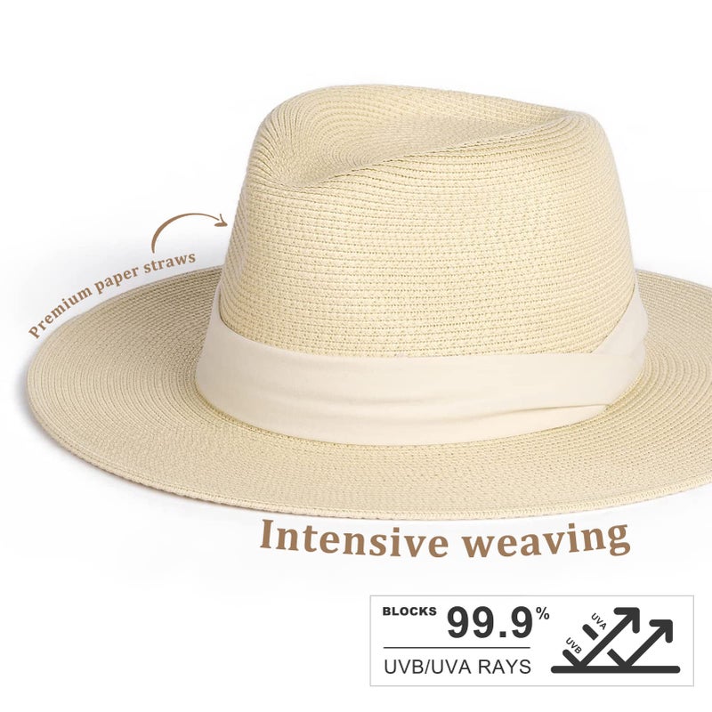 FURTALK Womens Mens Wide Brim Straw Panama Hat Fedora Summer Beach Sun Hats UPF Straw Hat for Women Beige-White - Image 3