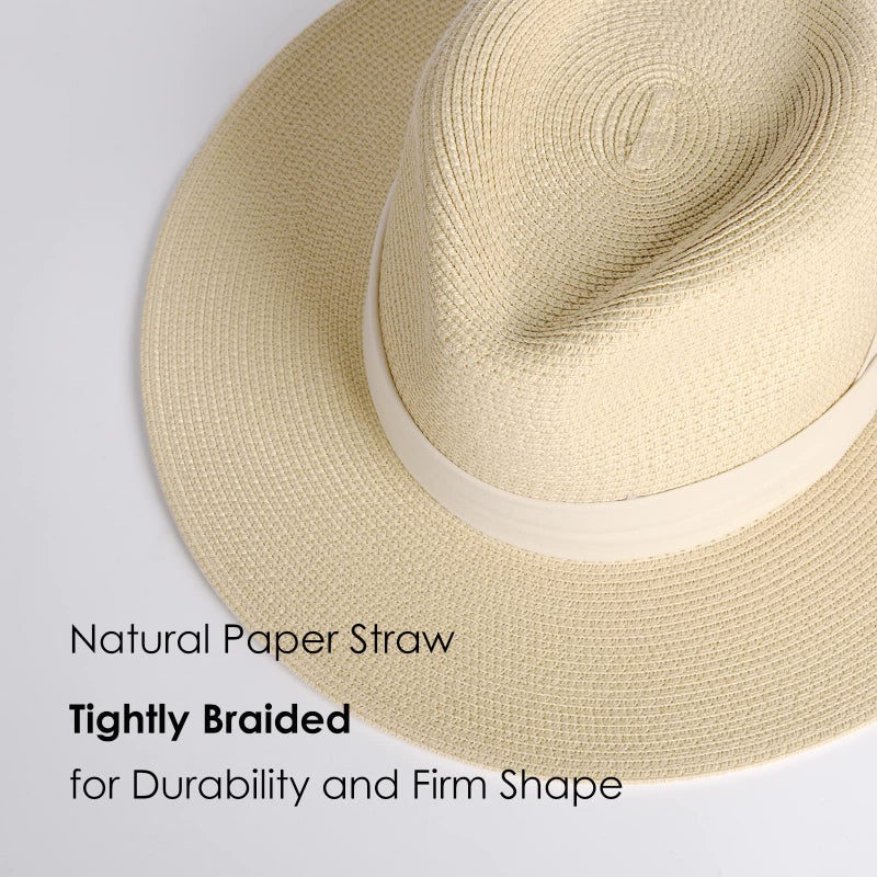 FURTALK Womens Mens Wide Brim Straw Panama Hat Fedora Summer Beach Sun Hats UPF Straw Hat for Women Beige-White - Image 2
