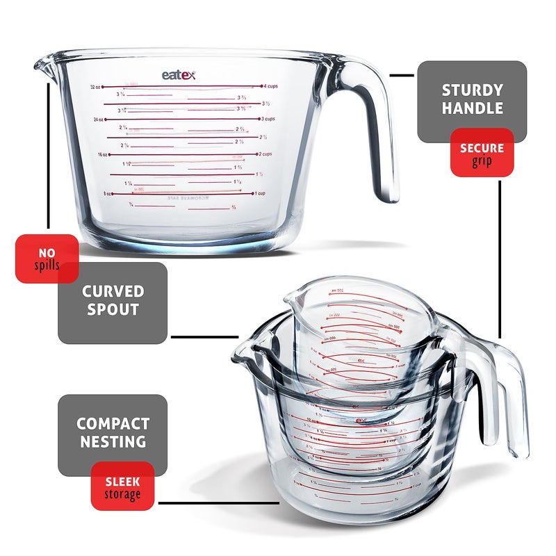 Eatex Glass Measuring Cups Set Of 3 - Liquid Measuring Cups  Glass Measuring Cup Set - 1 2 4 Cup Measuring Cup - Dishwasher Oven  Microwave Safe Measure Cups - Image 4