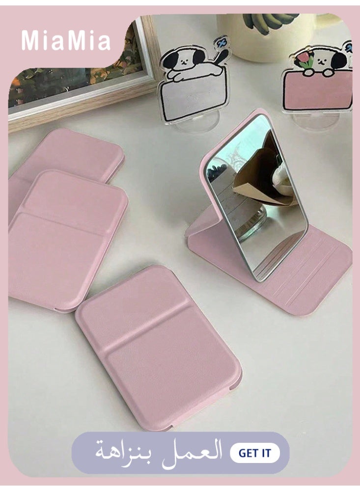 ميأميأ مرآة مكياج محمولة واحدة، مرآة صغيرة من جلد البوليمر، قابلة للطي، مرآة للسفر، مناسبة كهدية، أساسيات السفر، أدوات المكياج، سهلة التخزين، لون وردي - Image 1