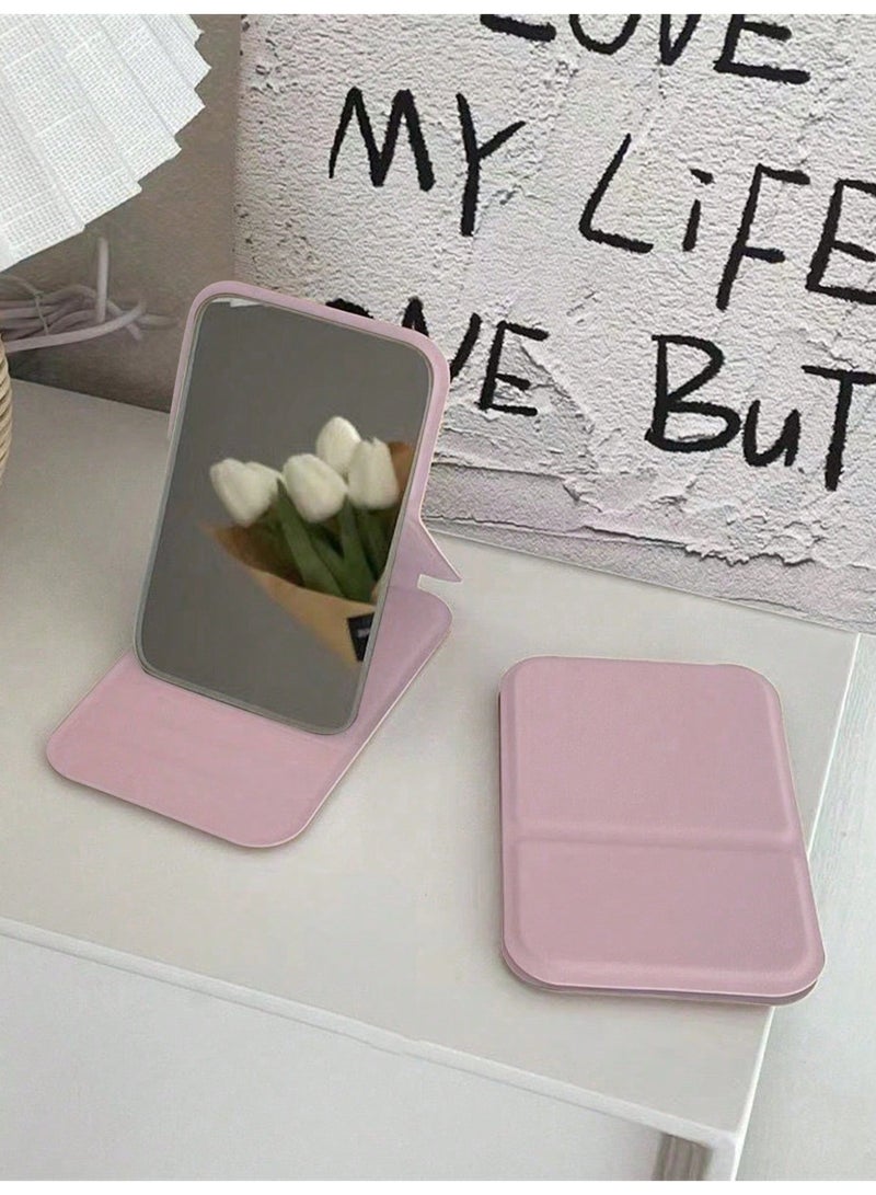 ميأميأ مرآة مكياج محمولة واحدة، مرآة صغيرة من جلد البوليمر، قابلة للطي، مرآة للسفر، مناسبة كهدية، أساسيات السفر، أدوات المكياج، سهلة التخزين، لون وردي - Image 2