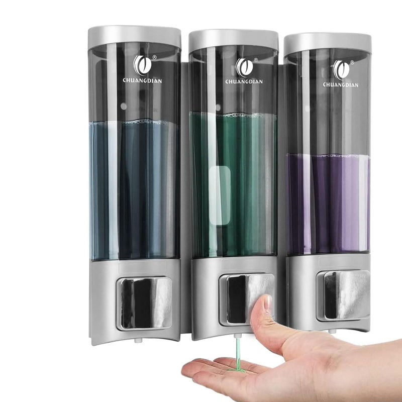 Shower Soap Dispenser Shampoo and Conditioner Dispenser for Shower Wall 3 Chamber No Drill WallMounted Shampoo Bathroom Soap Dispenser Lotion Gel Container Dispenser for Bathroom Hotel Satin Sliver