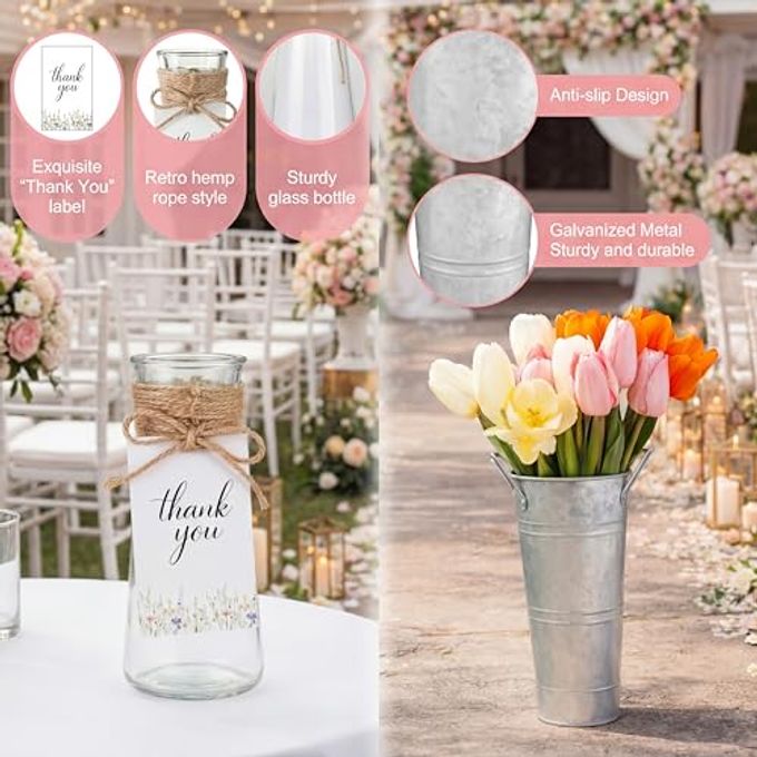 Patelai 32 Pcs Flower Bar Supplies Kit Includes 10" Galvanized Metal Bucket Vase Floral Glass Bud Vase with Thank You Tags and Ropes for Wedding Bridal Baby Shower Bloom Market Party(Classic) - Image 3