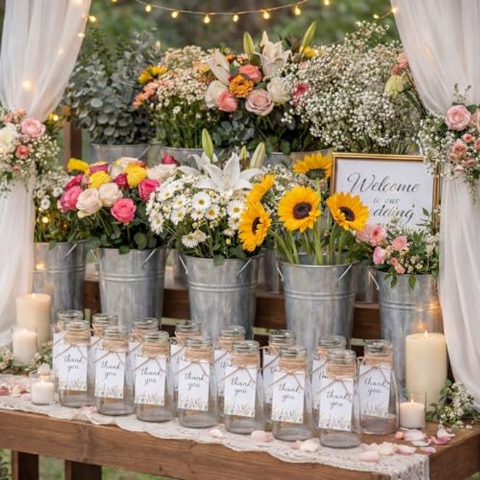 Patelai 32 Pcs Flower Bar Supplies Kit Includes 10" Galvanized Metal Bucket Vase Floral Glass Bud Vase with Thank You Tags and Ropes for Wedding Bridal Baby Shower Bloom Market Party(Classic) - Image 4