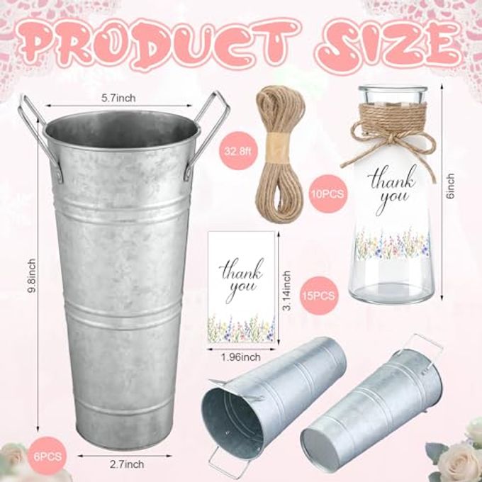 Patelai 32 Pcs Flower Bar Supplies Kit Includes 10" Galvanized Metal Bucket Vase Floral Glass Bud Vase with Thank You Tags and Ropes for Wedding Bridal Baby Shower Bloom Market Party(Classic) - Image 5