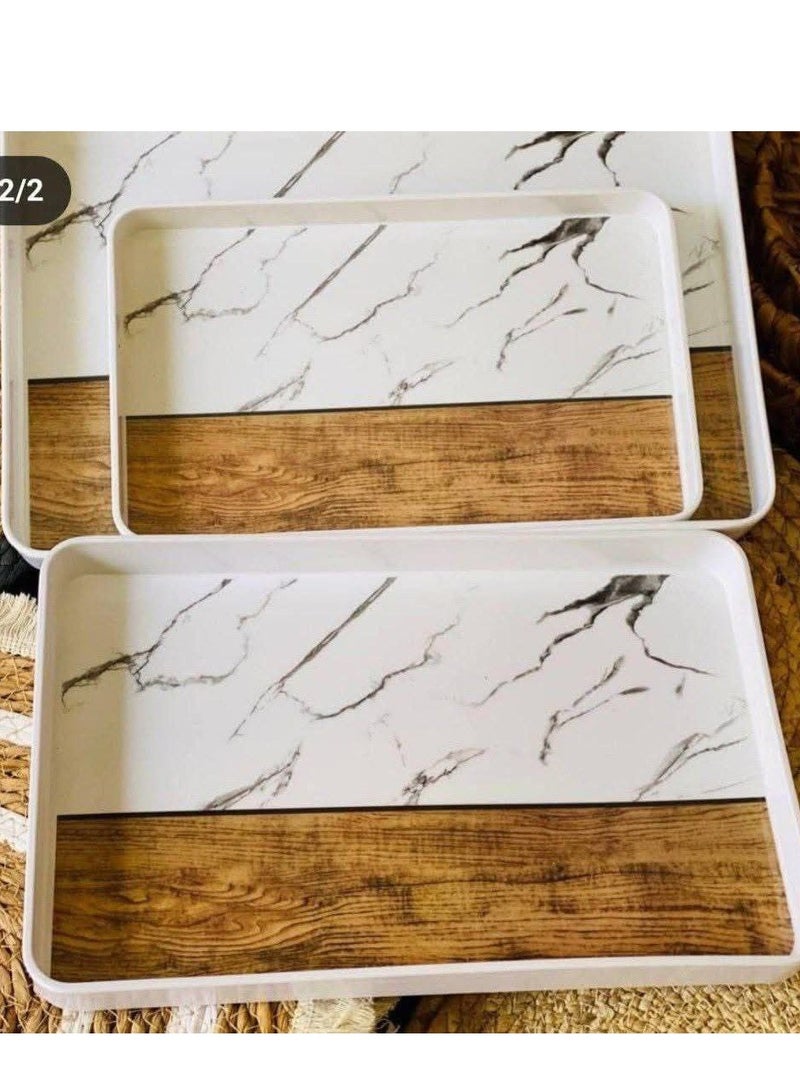 طقم صواني ميلامين الطقم 3مقاسات مختلفه شيك و عمليه لون رخامي في خشابي ال صوانى بحواف عالية طقم مكون من 3 قطع المقاس الصنيه الكبير 40*27 الصنيه الوسط 35*23 الصنيه الصغيره 30*17 - Image 3