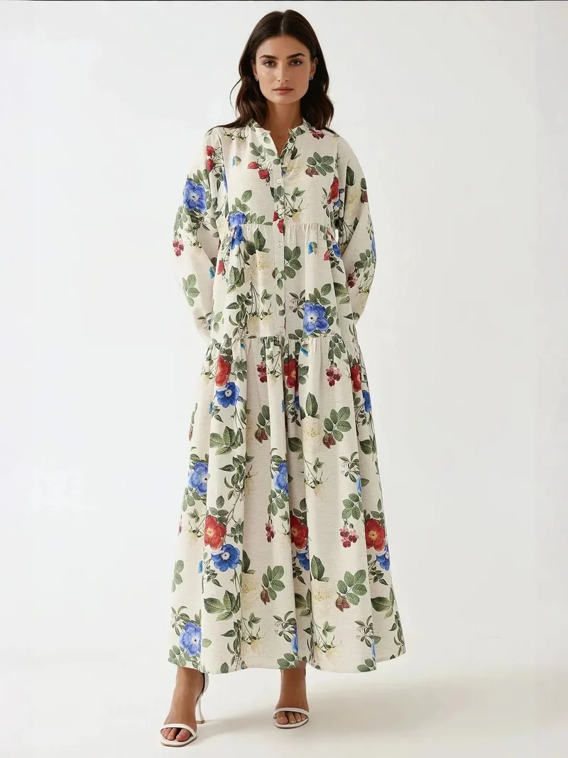 HICCUP Floral Linen Feel Crew Neck Maxi Dress