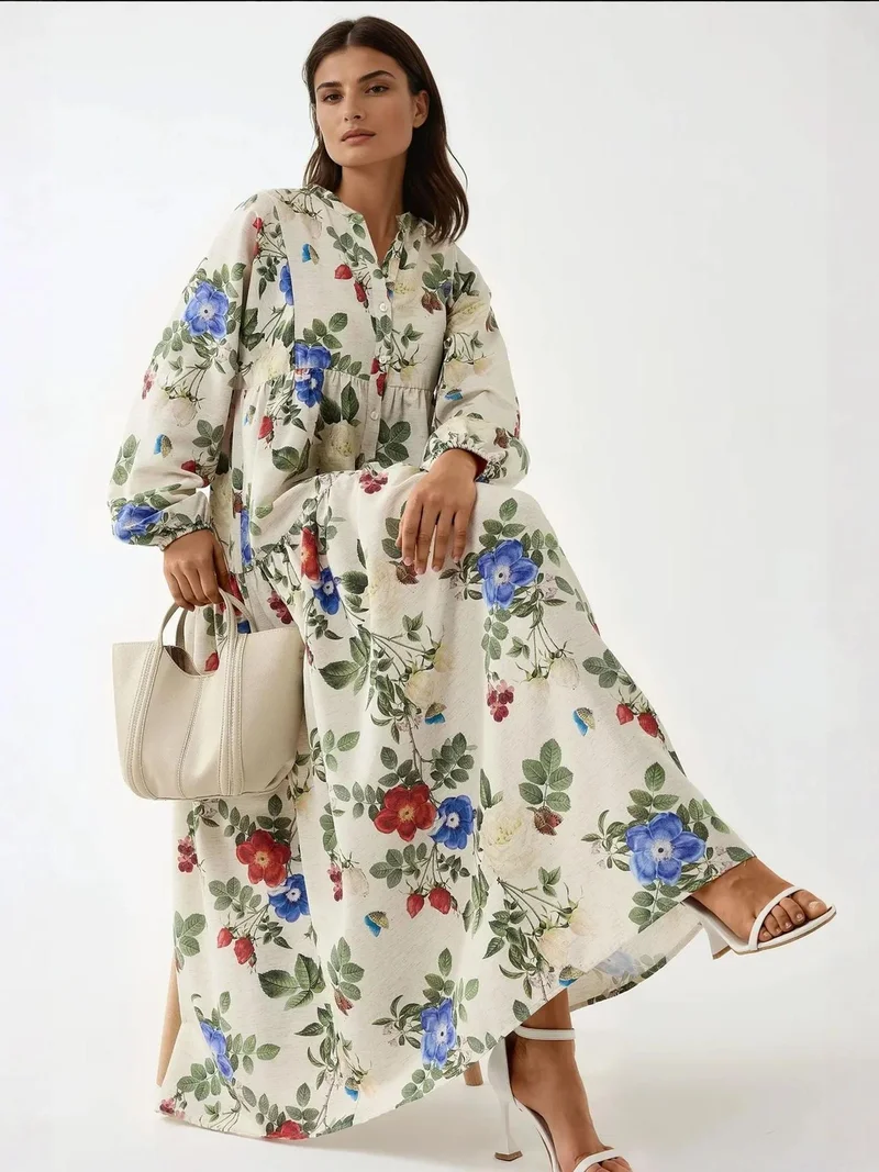 HICCUP Floral Linen Feel Crew Neck Maxi Dress