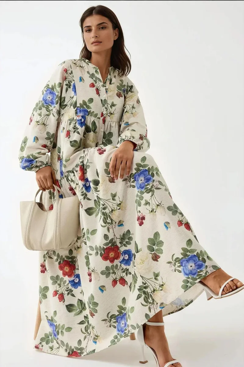 Hiccup Floral Linen Feel Crew Neck Maxi Dress