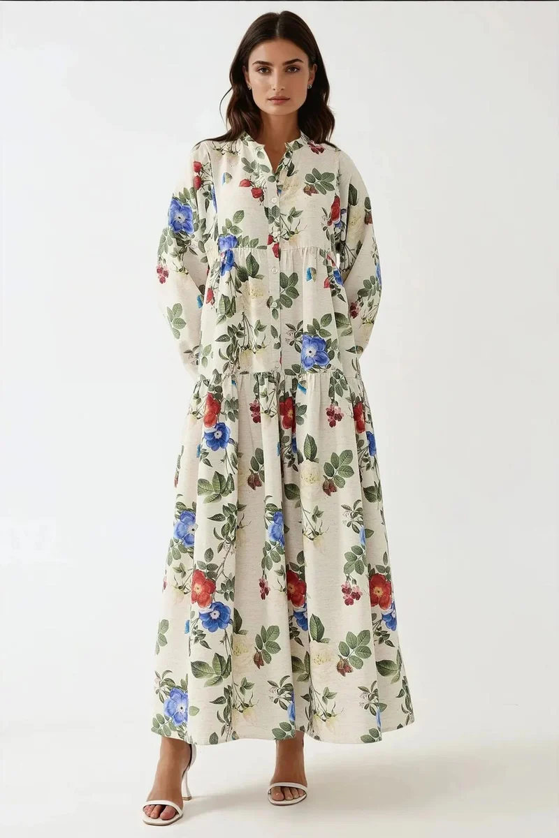 Hiccup Floral Linen Feel Crew Neck Maxi Dress