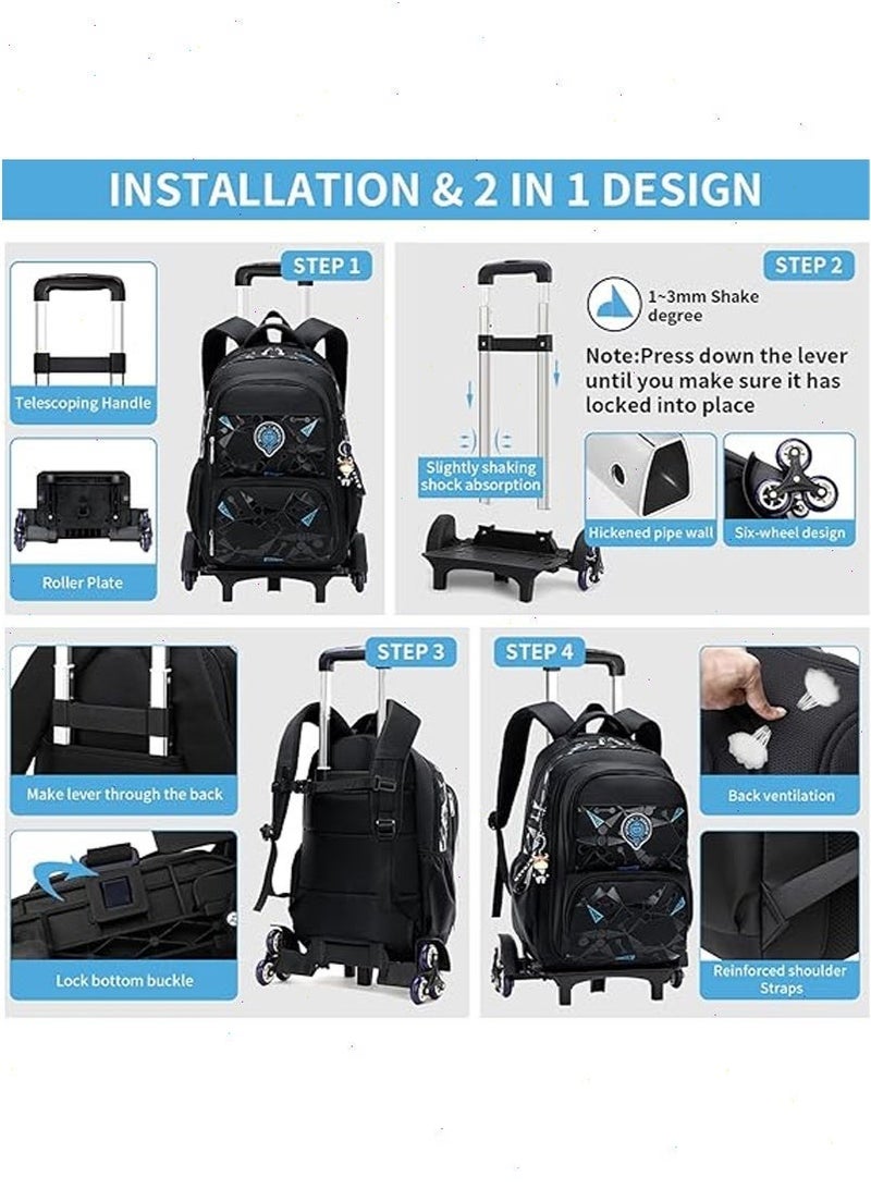 Trolley School Bag for Boys, Rolling School Backpack With 6 Wheels， Side-Opening Waterproof School Bag For 15.6inch Laptop, School and Travel - Image 4