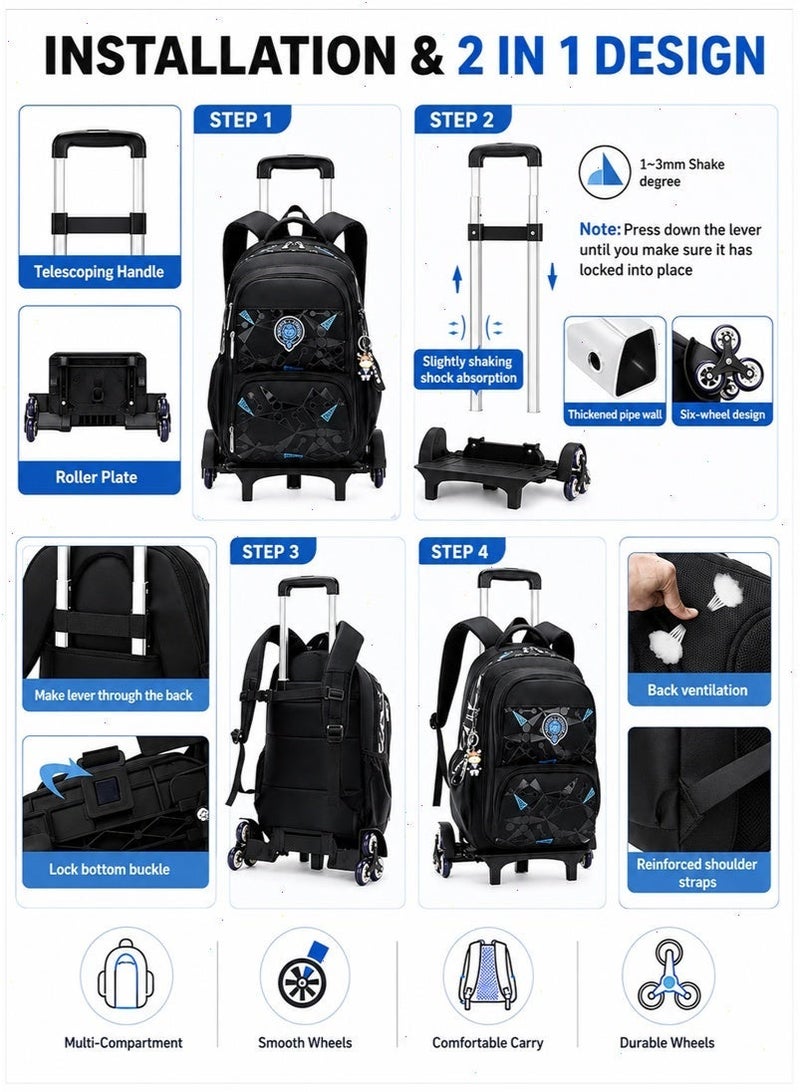 Trolley School Bag for Boys, Rolling School Backpack With 6 Wheels， Side-Opening Waterproof School Bag For 15.6inch Laptop, School and Travel - Image 5
