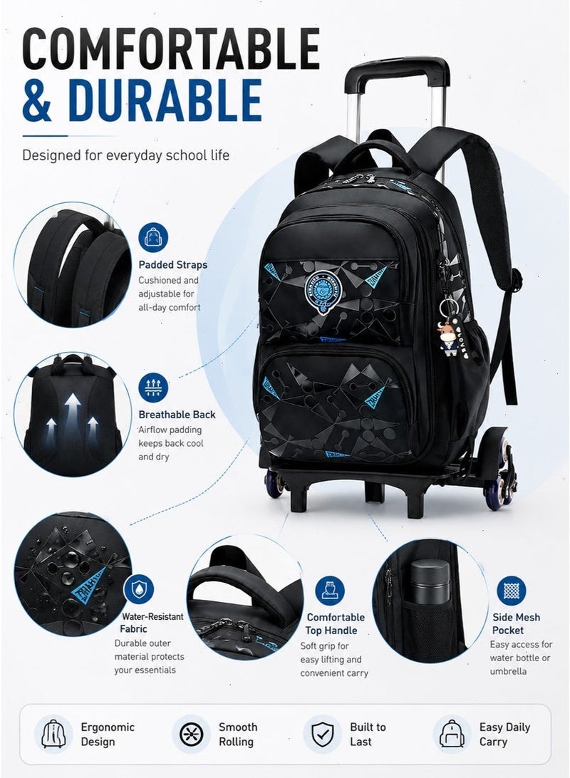 Trolley School Bag for Boys, Rolling School Backpack With 6 Wheels， Side-Opening Waterproof School Bag For 15.6inch Laptop, School and Travel - Image 4