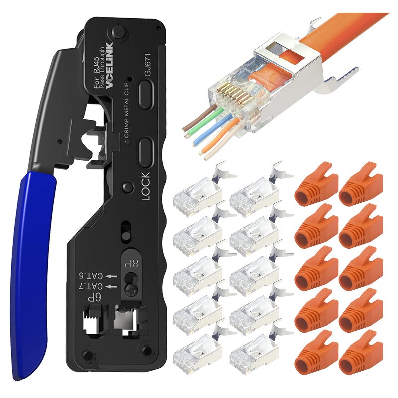 VCELINK VCELINK GJ671BL Crimping Pliers RJ45 Crimping Pliers for Western Connectors with Cat 7 Cat6A Network Plug Pass Through RJ45 Connector  - Image 1