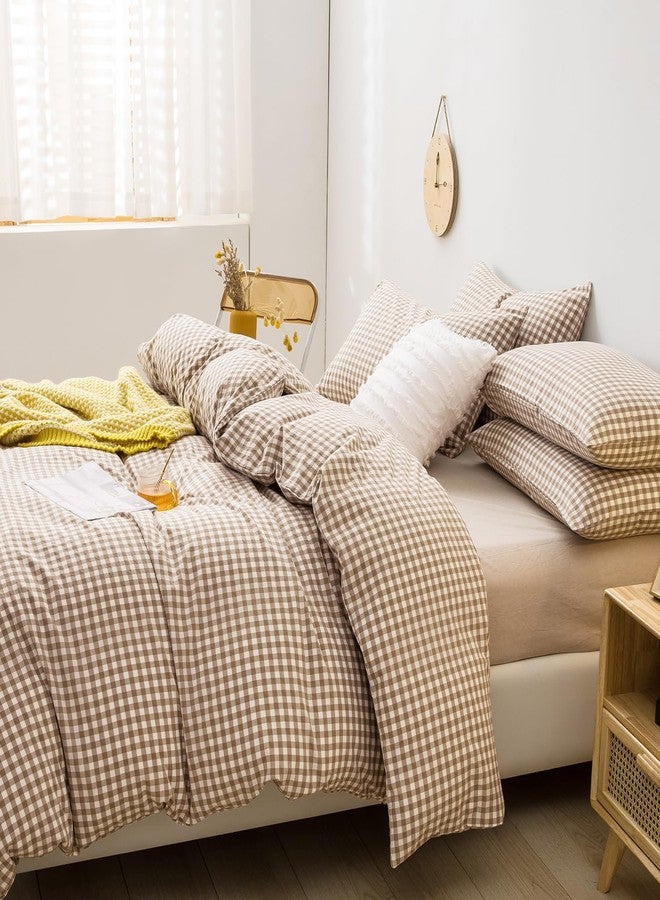mixinni Tan Gingham Comforter Set Queen, Plaid Comforter Set 3 Pieces 1 Beige Grid Comfoter with 2 Pillow Cases for All Seasons, Soft Fluffy Modern Grid Pattern Printed Bedding-Queen Size - Image 4