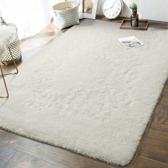 SOFT FLUFFY BEDROOM RUGS 8 X 10 FEET INDOOR SHAGGY PLUSH AREA RUG FOR BOYS GIRLS KIDS BABY COLLEGE DORM LIVING ROOM HOME DECOR FLOOR CARPET CREAM WHITE