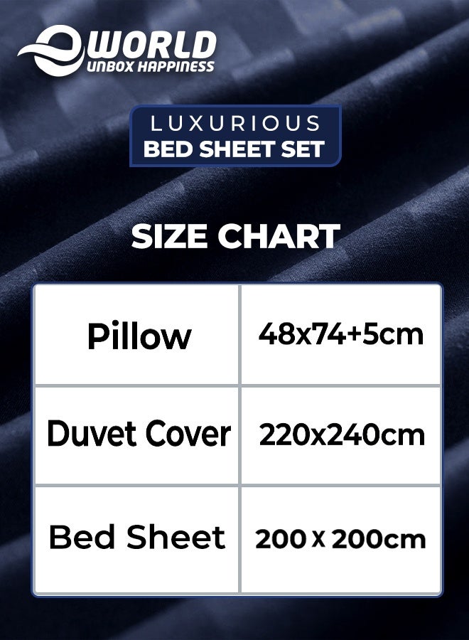 إي وورلد طقم مفارش فاخر مكون من 4 قطع بحجم كينغ باللون الأزرق المخطط – يشمل غطاء لحاف (220x240 سم)، وملاءة سرير (200x200 سم)، وغطاءين وسادة (48x74+5 سم) لتجربة نوم فندقية راقية - Image 2