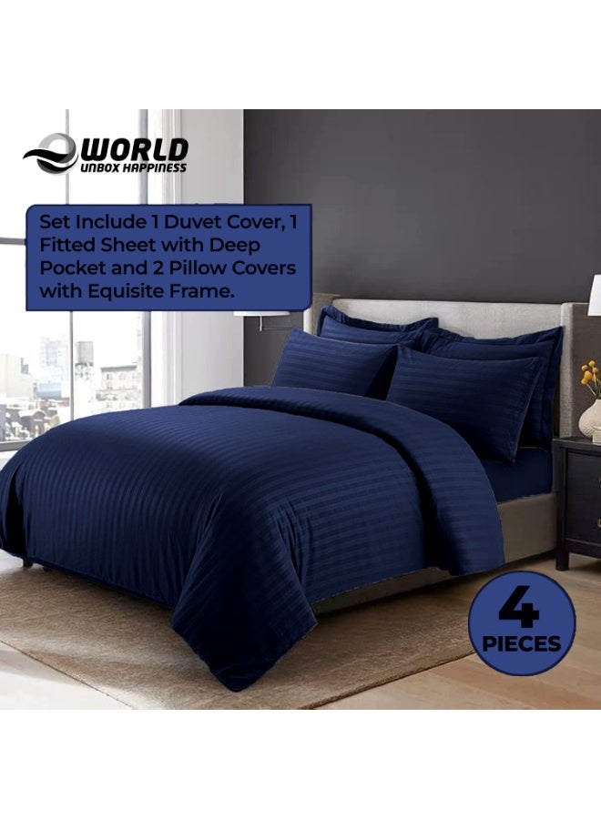 إي وورلد طقم مفارش فاخر مكون من 4 قطع بحجم كينغ باللون الأزرق المخطط – يشمل غطاء لحاف (220x240 سم)، وملاءة سرير (200x200 سم)، وغطاءين وسادة (48x74+5 سم) لتجربة نوم فندقية راقية - Image 4
