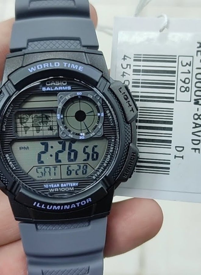 Casio AE-1000W-8AVDF Men's Digital Watch – 10-Year Battery World Time 31 Time Zones 100 m Water Resistant LCD Analog Sub Dial Stopwatch Timer Gray Resin Design - Image 4