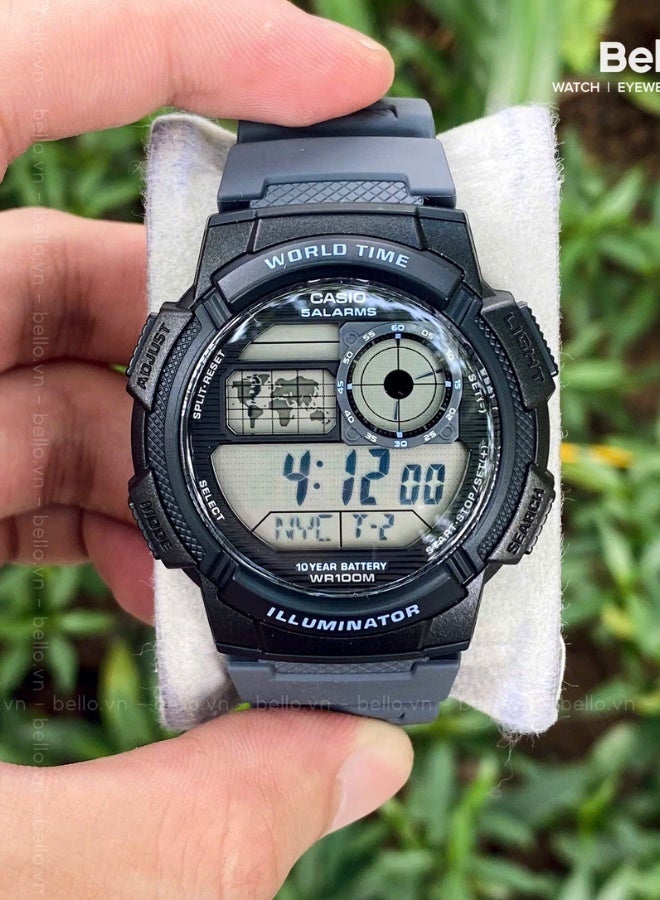 Casio AE-1000W-8AVDF Men's Digital Watch – 10-Year Battery World Time 31 Time Zones 100 m Water Resistant LCD Analog Sub Dial Stopwatch Timer Gray Resin Design - Image 2