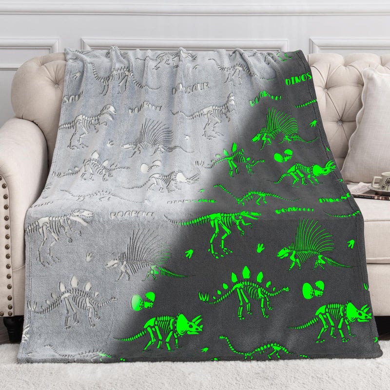Dinosaur Gifts Toys for Kids Boys Dino Glow in The Dark Blanket Christmas Birthday Valentines Easter Presents for Age 2 3 4 5 6 7 8 9 10 11 Years Old Teen Girls Toddler Children Throw Gray 50x60