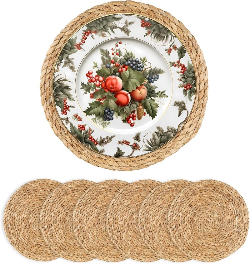 Dimpola Round Woven Placemats 13.5 inch Set of 6 - Boho Rattan Placemat Natural Water Hyacinth Placemats, Farmhouse Weave Place Mats, Rustic Braided Wicker Table Mats for Dining Table,Home,Wedding - Image 1
