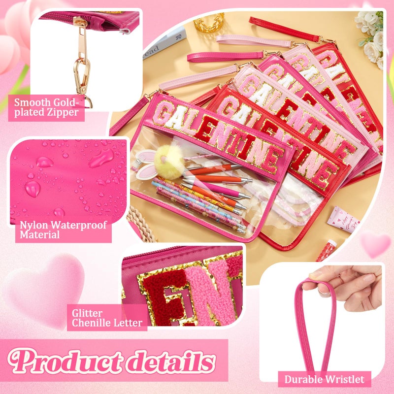 Shinylin 6 Pcs Galentine's Day Makeup Bags Gifts Bulk Chenille Letter Clear Zipper Pouch Waterproof Nylon Organizer for Women Girls Friends Ladies Valentine's Day Party Favors Decorations - Image 3