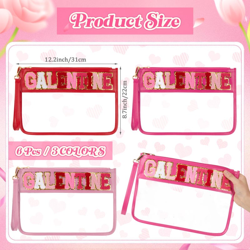 Shinylin 6 Pcs Galentine's Day Makeup Bags Gifts Bulk Chenille Letter Clear Zipper Pouch Waterproof Nylon Organizer for Women Girls Friends Ladies Valentine's Day Party Favors Decorations - Image 2