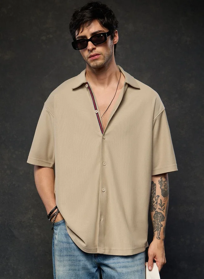 The Souled Store The Souled Store Men Oversized Fit Textured Khaki Shirt