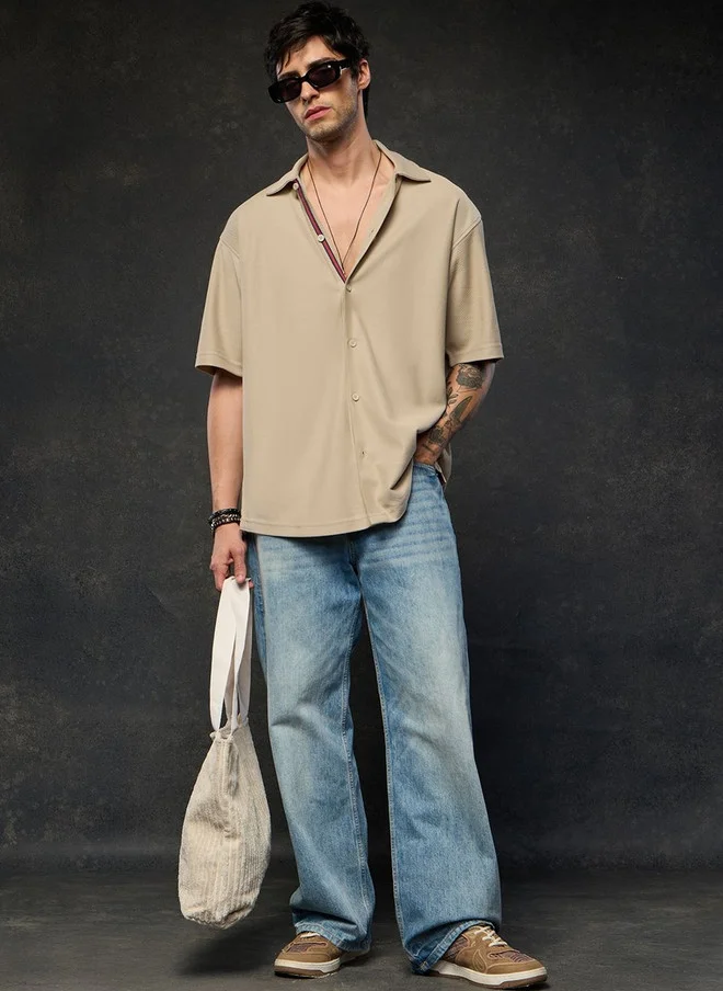 The Souled Store  The Souled Store Men Oversized Fit Textured Khaki Shirt  | Best Price UAE