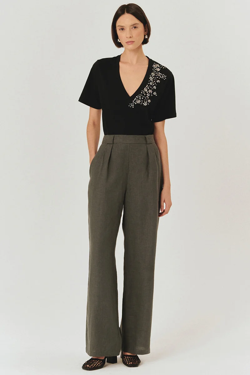 Exquise Pure Linen Palazzo Grey Trousers